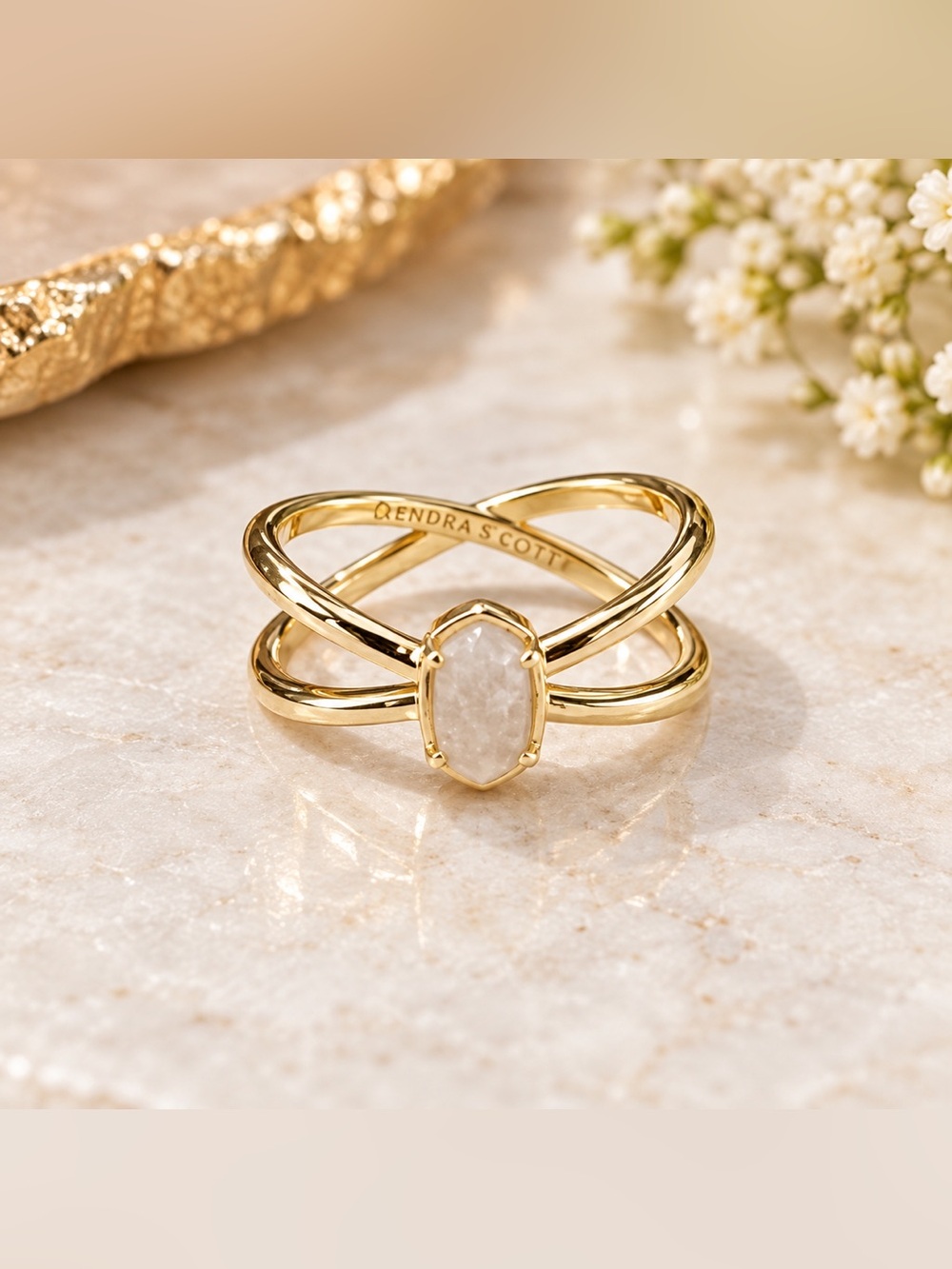 Kendra Scott Goldtone White Drusy Crossover Ring Size 7 NWOT